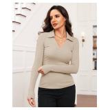 Meetrendi 2 Pack Womens Long Sleeve V Neck Polo Shirts Business Casual Collared Work Top Slim Fitted Basic 2025 Fall Outfit, M
