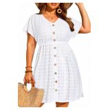Yonique Plus Size Swimsuit Cover Up Women - Button Down Bathing Suit Coverup 2025 V Neck Hollow Out Beach Dress Swimwear White 22W