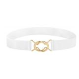 macoking Womens Stretch Elastic Belt - Gold Buckle Adjustable Waist Belt for Dresses Skirts, White, S
