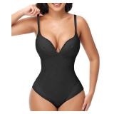 SHAPESHE Strapless Bodysuit Low Back Shapewear Women Corset Bodysuit with Bra Tummy Control Workout V Neck Compression Garment, M