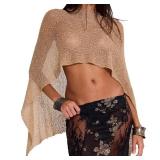 sheer poncho knit gold ponchos top for Women crochet knitted shimmer asymmetrical shawl trendy summer nude shoulder net