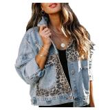 RINTONIX Womens Button Down Distressed Leopard Denim Jean Jacket Washed Long Sleeve Ripped Cheetah Jean Coat(BE-2XL) XX-Large