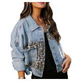 RINTONIX Womens Button Down Distressed Leopard Denim Jean Jacket Washed Long Sleeve Ripped Cheetah Jean Coat(BE-2XL) XX-Large