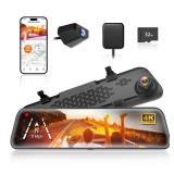 WOLFBOX G840S 12\ 4K Mirror Dash Cam Backup Camera, 5.8GHz WiFi Smart Rearview Mirror for Cars and Trucks, Front and Rear View Dual Cameras, Night Vision, Parking Assistance, Included 32GB Card and GP