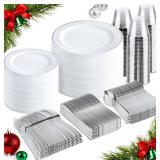 bUCLA 600pcs Silver Plastic Dinnerware Set for 100 Guests - Silver Christmas Dinnerware Set Disposable for Party - Include 100 Dinner Plates,100 Dessert Plates,100Cups,100 Knives,100 Forks,100 Spoons
