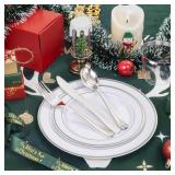bUCLA 600pcs Silver Plastic Dinnerware Set for 100 Guests - Silver Christmas Dinnerware Set Disposable for Party - Include 100 Dinner Plates,100 Dessert Plates,100Cups,100 Knives,100 Forks,100 Spoons