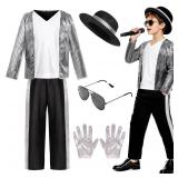HORTYZON Kids Dance Star Costume Boys 80s Dance Costume 90s Pop Stage Outfits with Glasses Hat Gloves Halloween Cosplay Party (10-12 Years)
