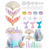 Glavatrix Mermaid Cake Toppers, 40-Piece Under the Sea Cake Decor Set, Seaweed, Bubbles, Tails, Starfish, Shells, Origami, Golden Ginkgo Leaves, for Birthday Mermaid Theme Party Supplies