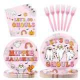96Pcs Halloween Party Decorations Pink Letfts Go Ghouls Plates and Napkins Disposable Boho Groovy Retro Hippie Ghost Paper Tableware for Halloween Birthday Baby Shower Party Supplies, Serves 24