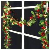 ATDAWN 9 FT Red Berry Christmas Lighted Garland, Battery Operated Christmas Garland with Lights, Flexible Artificial Garland for Indoor Home Fireplace Christmas Holiday New Year Decoration