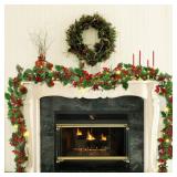 ATDAWN 9 FT Red Berry Christmas Lighted Garland, Battery Operated Christmas Garland with Lights, Flexible Artificial Garland for Indoor Home Fireplace Christmas Holiday New Year Decoration