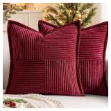 MIULEE Christmas Decorative Throw Pillow Covers for Couch Bed Livingroom 18x18 Inch Set of 2 Burgundy Boho Accent Throw Pllows Broadside Striped Patchwork Soft Corduroy Pillowcases