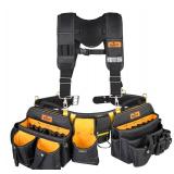 Aupofit Comfortable Tough Thick 7-Piece Tool Belt with Suspenders 32 Pockets and Loops,1680D Denier Fabric Heavy Duty Tool Belts with Carry Handles, Fits Waists 36-49In, Black and Yellow