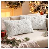 MIULEE Christmas Snowflake Decorative Throw Pillow Covers Set of 2,Soft Fluffy Faux Wool Winter Holiday Couch Pillows for Farmhouse Boho Home Decor Sofa Bed Porch Living Room 12x20 Inch Pure White