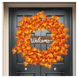 A20 Inch Fall Wreaths for Front Door, with Welcome Wooden Sign, Artificial Autumn Wreath for Home Wall Porch Door Thanksgiving Halloween Holiday Decorations
