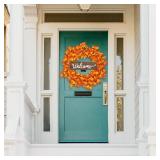 A20 Inch Fall Wreaths for Front Door, with Welcome Wooden Sign, Artificial Autumn Wreath for Home Wall Porch Door Thanksgiving Halloween Holiday Decorations