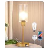EDISHINE Glass Table Lamp, Touch Control Bedside Lamp with USB C+A Charging Ports, 3 Way Dimmable Nightstand Lamp for Bedroom Living Room Office, Striped Glass Shade, Gold