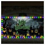 Ganeen 7x16 ft Halloween Garage Door Banner Large Rustic Garage Banner Cover Halloween Garage Door Cover Backdrop with LED String Light Holiday Vinyl Cover Door Decoration Outdoor(Classic Style)