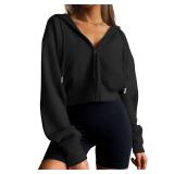 Trendy Queen Womens Zip Up Cropped Hoodies Long Sleeve Sweatshirts Casual Jackets Fall Fashion 2025 Winter Clothes Black S