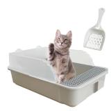 kathson Open Small Cat Litter Box with High Side,Anti-Splashing Kitten Litter Pan,Semi-Enclosed Removable Kitty Cat Toilet with Litter Sifting Scoop for Boxes Easy to Clean No Odor-Grey