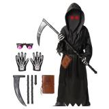 Oskiner Grim Reaper Costume for Kids, Scary Halloween Costume for Boys with Glowing Red EyesScytheNotebookGloves (M)