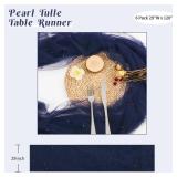 Set of 6 Pearl Table Runner 29 x 120 Inch Tulle Fabric Lace Table Runners for Bridal Shower Birthday Party Wedding Arch Dessert Table Decor(Navy Blue)