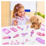 Meland Toy Doctor Kit for Girls, Pretend Play Toy Doctor Set with Dog , Carrying Bag, Stethoscope and Dress Up Costume Gift for Kids Toddlers Ages 3 4 5 6 Year Old for Role Play