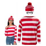 Powumie Red and White Striped Shirt Costume for Women Cosplay Knit Beanie Hat Black Glasses Outfit for Adult size XL