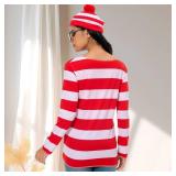 Powumie Red and White Striped Shirt Costume for Women Cosplay Knit Beanie Hat Black Glasses Outfit for Adult size XL