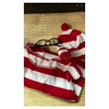 Powumie Red and White Striped Shirt Costume for Women Cosplay Knit Beanie Hat Black Glasses Outfit for Adult size XL