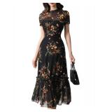 GothDark Womenfts Summer Floral Mesh Ruffle Dress Short Sleeve Round Neck Waist Cinched Casual Maxi Wedding Guest Dresses size medium