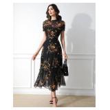 GothDark Womenfts Summer Floral Mesh Ruffle Dress Short Sleeve Round Neck Waist Cinched Casual Maxi Wedding Guest Dresses size medium
