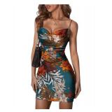 Floerns Womenfts Summer Spaghetti Strap Cowl Neck Satin Mini Tropical Dress Multi size medium