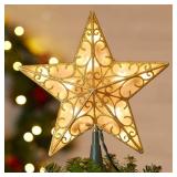 Christmas Star Tree Topper, 9.5 in Plug in Golden Glittered 3D Star Tree Topper, Metal Hollow Designed Built-in 10 Bulbs String Lights for Indoor Office Christmas New Year Holiday Tree Decoration