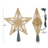 Christmas Star Tree Topper, 9.5 in Plug in Golden Glittered 3D Star Tree Topper, Metal Hollow Designed Built-in 10 Bulbs String Lights for Indoor Office Christmas New Year Holiday Tree Decoration
