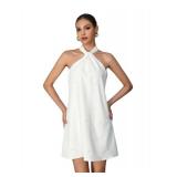 Floerns Womenfts Pearl Beaded Halter Twist Sleeveless Tie Back Dress A Line Dress White size medium