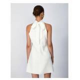 Floerns Womenfts Pearl Beaded Halter Twist Sleeveless Tie Back Dress A Line Dress White size medium