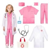 Meland Doctor Costume for Girls - Kids Scrubs with Lab Coat and Carry Bag, Doctor Dress Up for Halloween, Career Day Role Play(Pink,9-10 Years)