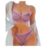 SOLY HUX Womenfts Mesh Solid Sheer See Through Lingerie Set Sexy Lace Bra and Panty 2 Piece size medium