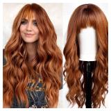 KOME Orange Wigs with Bangs,Ginger Long Wavy Wig for Women,Long Curly Synthetic Hair Wig for Party Daily Use 24IN