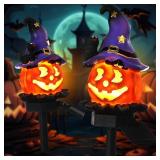 Retisee 2 Pcs Halloween Pumpkin Pathway Solar Lights Orange Jack O Lantern Stake Lights for Outdoor Halloween Decorations Yard Display LED Front Porch Decor(Chic Style,Purple and Orange)