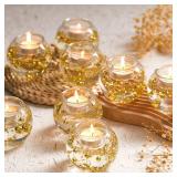Reallnaive 8 Pcs Glass Clear Votive Floating Candle Holders with 8 Pcs Bright Pearl String Beads, Tealight Bowl Candle Holder for Dinning Room Party Tables Centerpiece Wedding Christmas Decor (Gold)