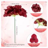 Tigeen 50 Pcs Hydrangea Artificial Flowers Bulk 7.48 Inch Artificial Hydrangeas with Removable Stems Faux Flowers Wedding Decor for Home Garden Party Decoration DIY Project (Burgundy)