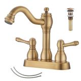 GGStudy Antique Brass Bathroom Faucet 2 Handles 4 Inches Centerset RV Bathroom Vanity Faucet with Drain Assembly and Supply Hose Lavatory Faucet