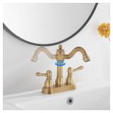 GGStudy Antique Brass Bathroom Faucet 2 Handles 4 Inches Centerset RV Bathroom Vanity Faucet with Drain Assembly and Supply Hose Lavatory Faucet