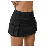 EARKOHA Womenfts Mini Cargo Skirt Y2K Button Low Waist Short Skirts Bodycon Denim Jean Skirt with Flap Pockets Black M
