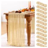 DeZerlor Champagne Gold Cheesecloth Table Runner 12 Pack Christmas Table Runners Boho Gauze 120 Inches Champagne Cheese Cloth Table Decor for Xmas Holiday Season Parties Wedding Bridal Baby Shower