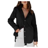 siliteelon Womens Button Down Shirts Dress Shirts Long Sleeve Blouses V Neck Solid Casual Tunics Tops with Pockets - Black XL
