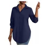 Rooscier Womenfts Collar V Neck Long Sleeve Slit Side Button Down Long Shirt Blouse Top Black Large