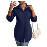 Rooscier Womenfts Collar V Neck Long Sleeve Slit Side Button Down Long Shirt Blouse Top Black Large